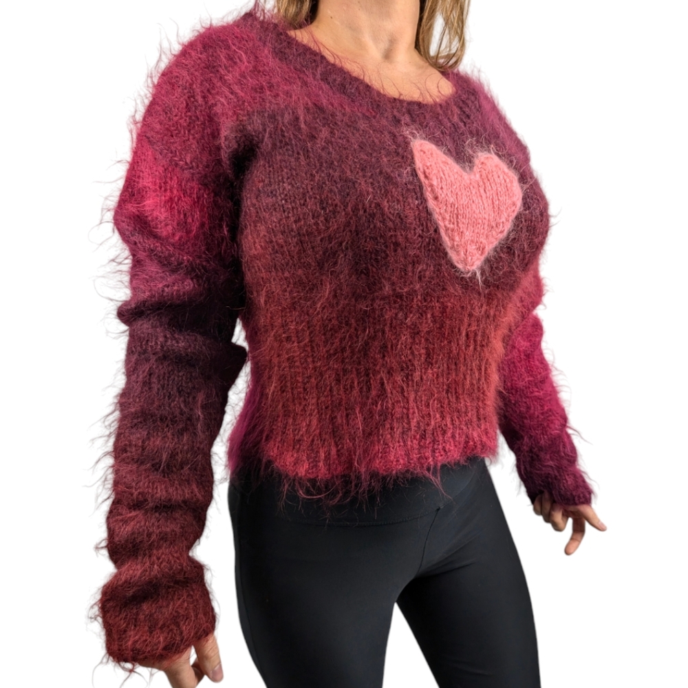 Handmade Cropped Sweater Womens Heart Embelishment Mohair Knit Texture